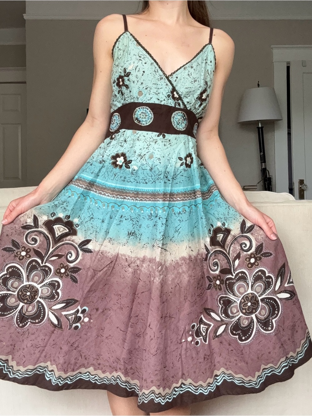 Vintage Brown and Teal Y2K Midi Dress